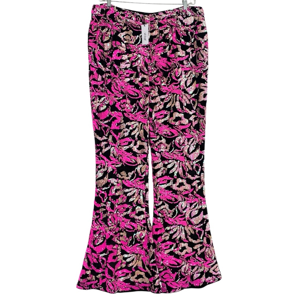 Nasty Gal Black Velvet Hot Pink Sequin Flare Pants New